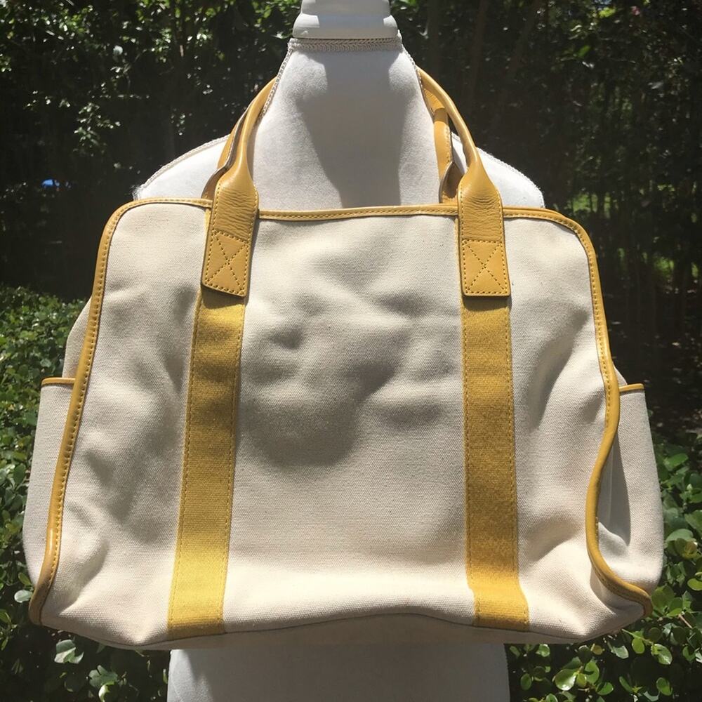 Michael Kors tan and yellow with MK emblem canvas tote - Picture 3 of 5